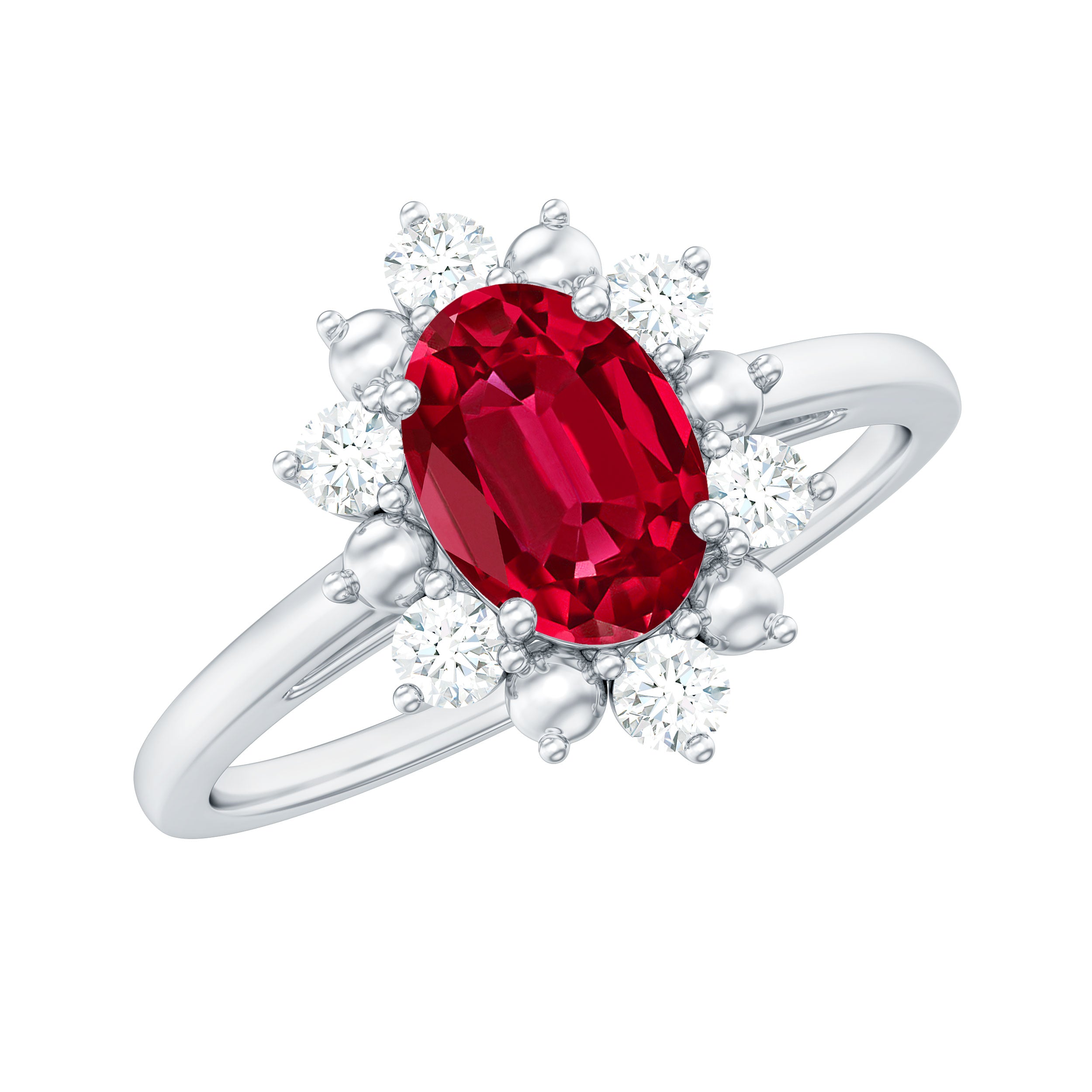 Oval Lab-Created Ruby Floral Halo Ring with Diamond Lab Created Ruby - ( AAAA ) - Quality - Rosec Jewels