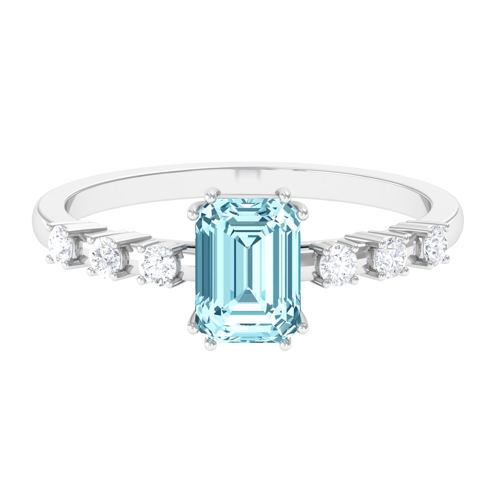 Emerald Cut Aquamarine Solitaire Engagement Ring with Diamond Aquamarine - ( AAA ) - Quality - Rosec Jewels