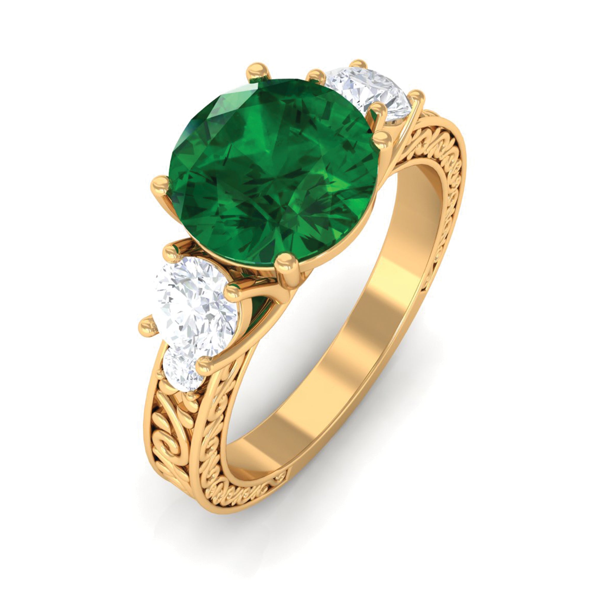 Round Created Emerald and Moissanite Art Deco Engagement Ring in Gold Lab Created Emerald - ( AAAA ) - Quality - Rosec Jewels