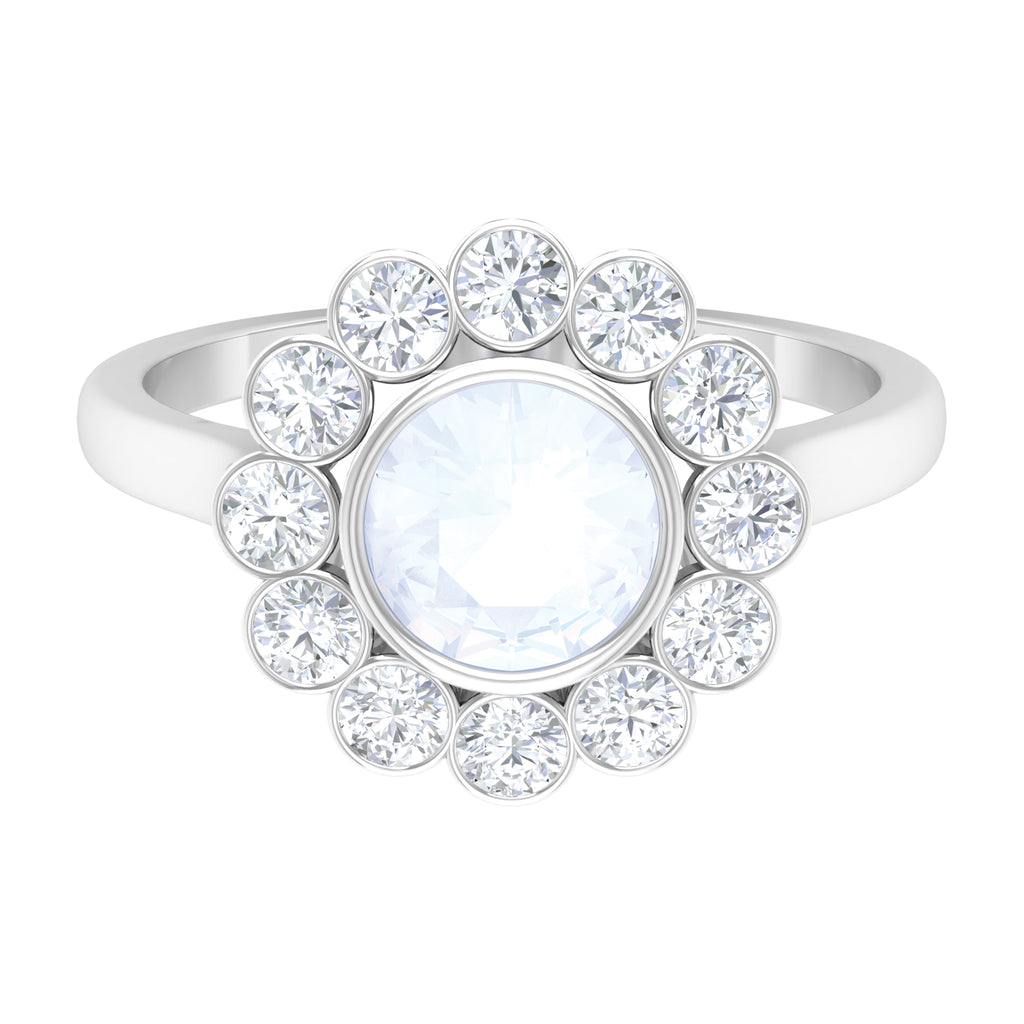 Bezel Set Moonstone Statement Engagement Ring with Diamond Halo Moonstone - ( AAA ) - Quality - Rosec Jewels