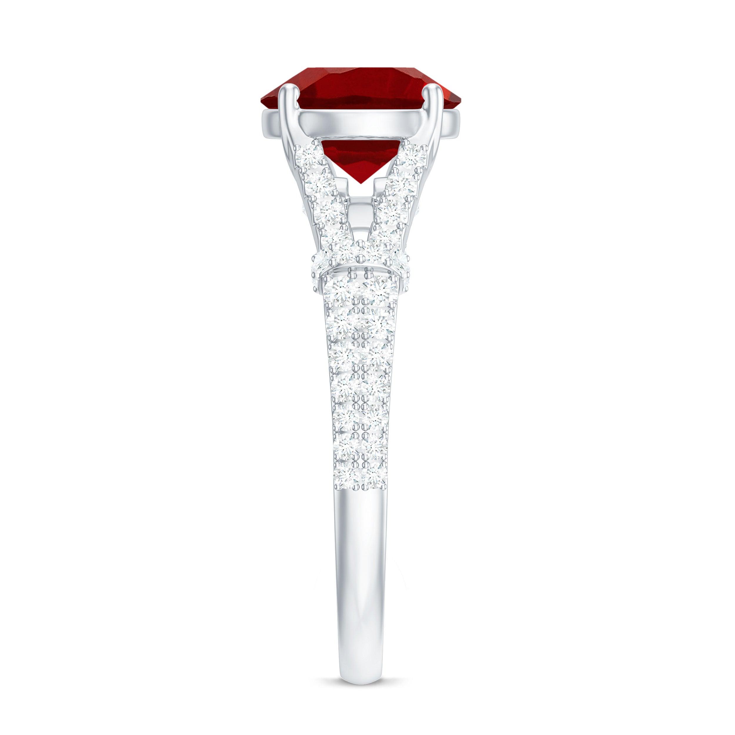 Created Ruby Solitaire Engagement Ring with Diamond in Split Shank Lab Created Ruby - ( AAAA ) - Quality - Rosec Jewels