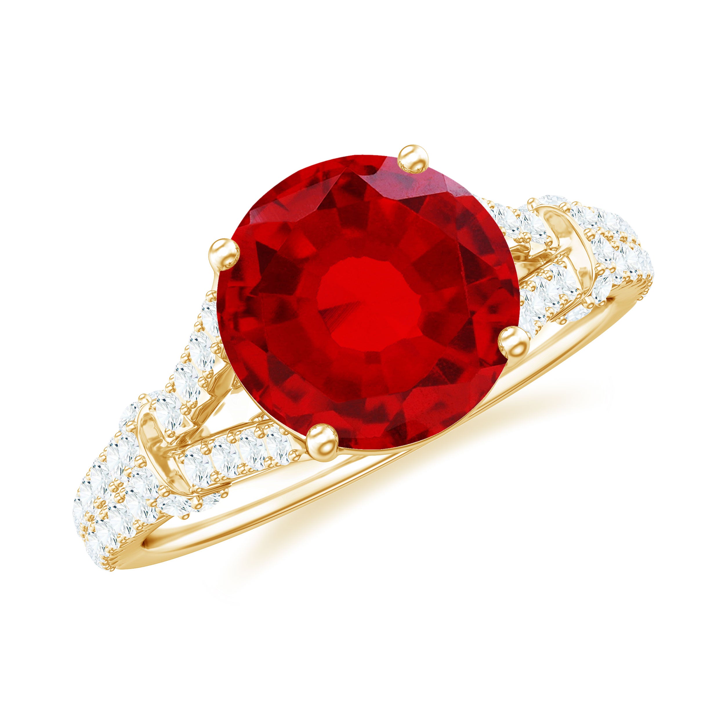 Created Ruby Solitaire Engagement Ring with Diamond in Split Shank Lab Created Ruby - ( AAAA ) - Quality - Rosec Jewels