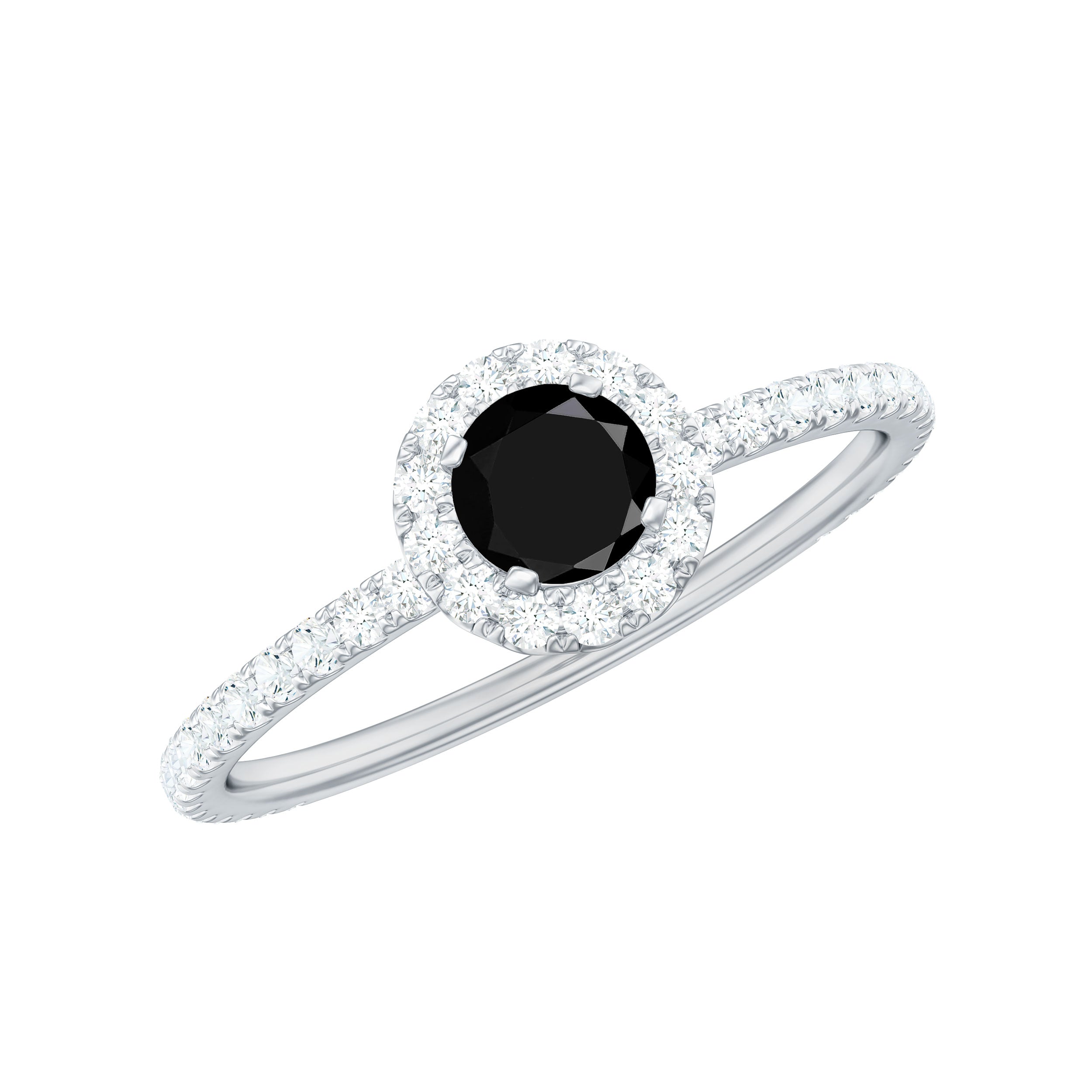 Round Black Onyx Minimal Engagement Ring with Diamond Black Onyx - ( AAA ) - Quality - Rosec Jewels