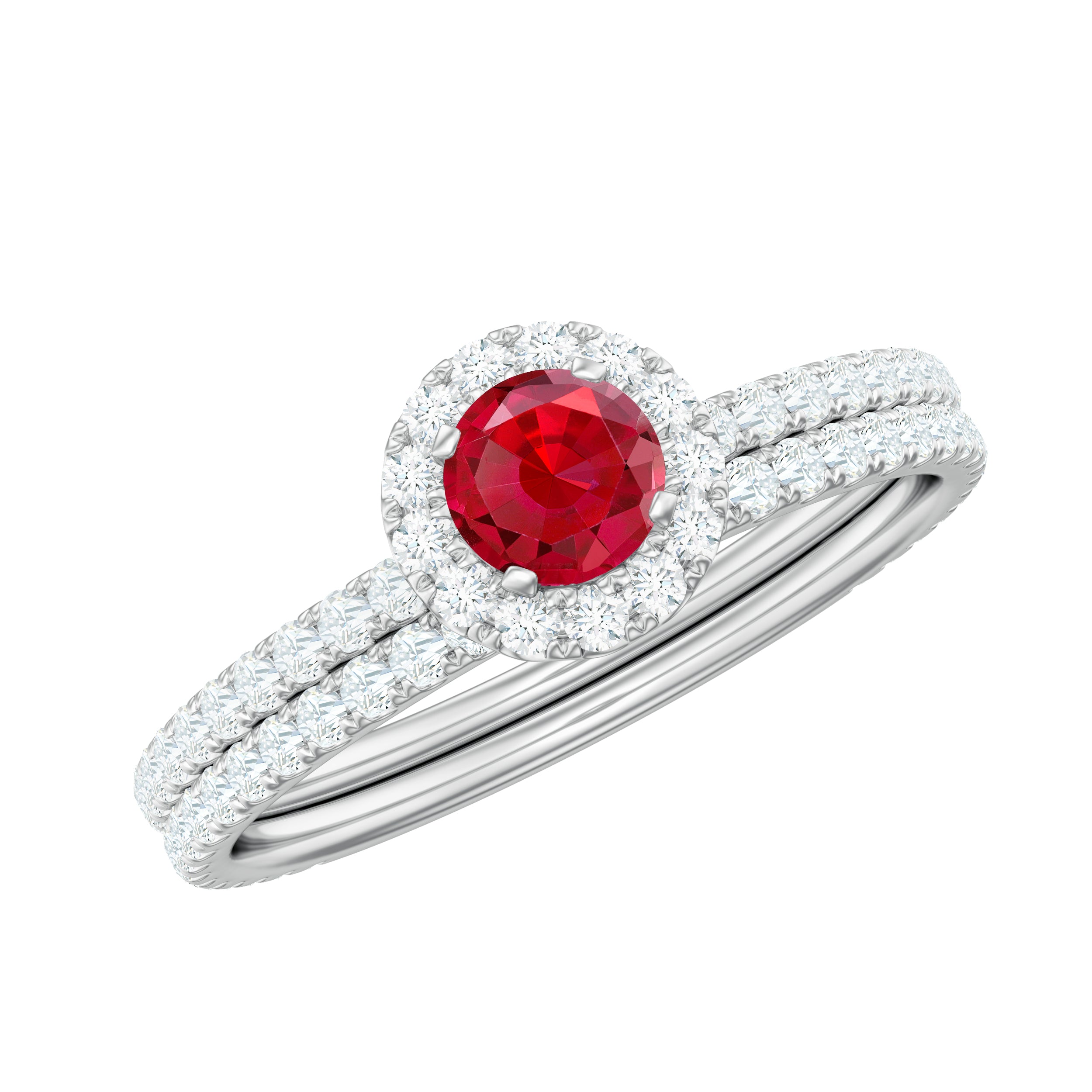 Minimal Created Ruby Halo Wedding Ring Set with Moissanite Lab Created Ruby - ( AAAA ) - Quality - Rosec Jewels