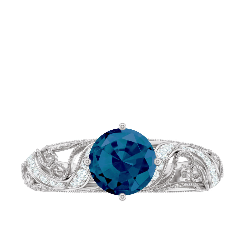 Round London Blue Topaz Vintage Engagement Ring with Diamond London Blue Topaz - ( AAA ) - Quality - Rosec Jewels
