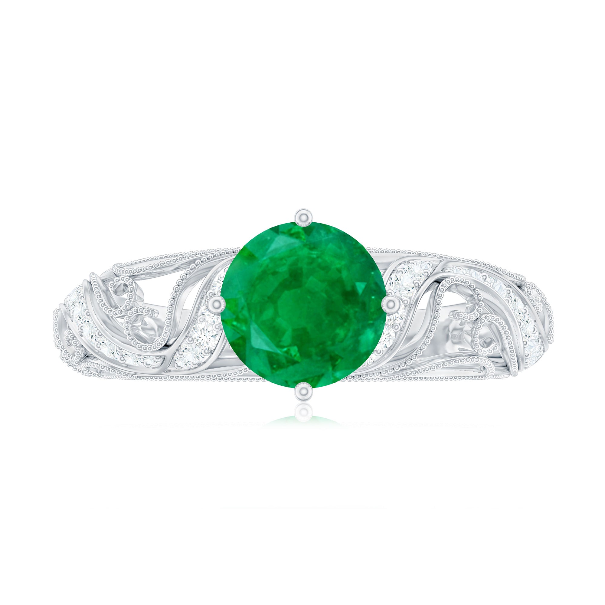 Round Emerald Vintage Inspired Engagement Ring with Diamond Emerald - ( AAA ) - Quality - Rosec Jewels