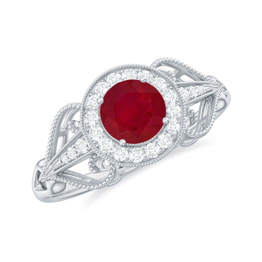 Vintage Style Ruby Engagement Ring with Diamond Ruby - ( AAA ) - Quality - Rosec Jewels
