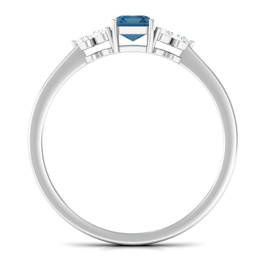 1 CT Emerald Cut London Blue Topaz Solitaire Ring with Diamond Trio London Blue Topaz - ( AAA ) - Quality - Rosec Jewels