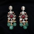 Lab Created Ruby Polki Diamond Long Dangle Earrings with Created Beryl and Pearls - Rosec Jewels