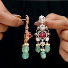 Lab Created Ruby Polki Diamond Long Dangle Earrings with Created Beryl and Pearls - Rosec Jewels